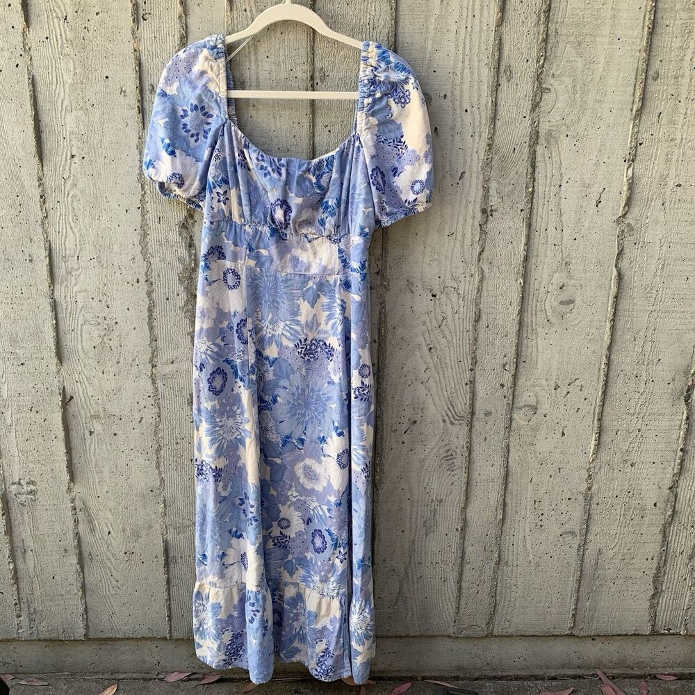 London Times Puff Sleeve Floral Linen Blend Midi Dress Milkmaid Cottagecore 10